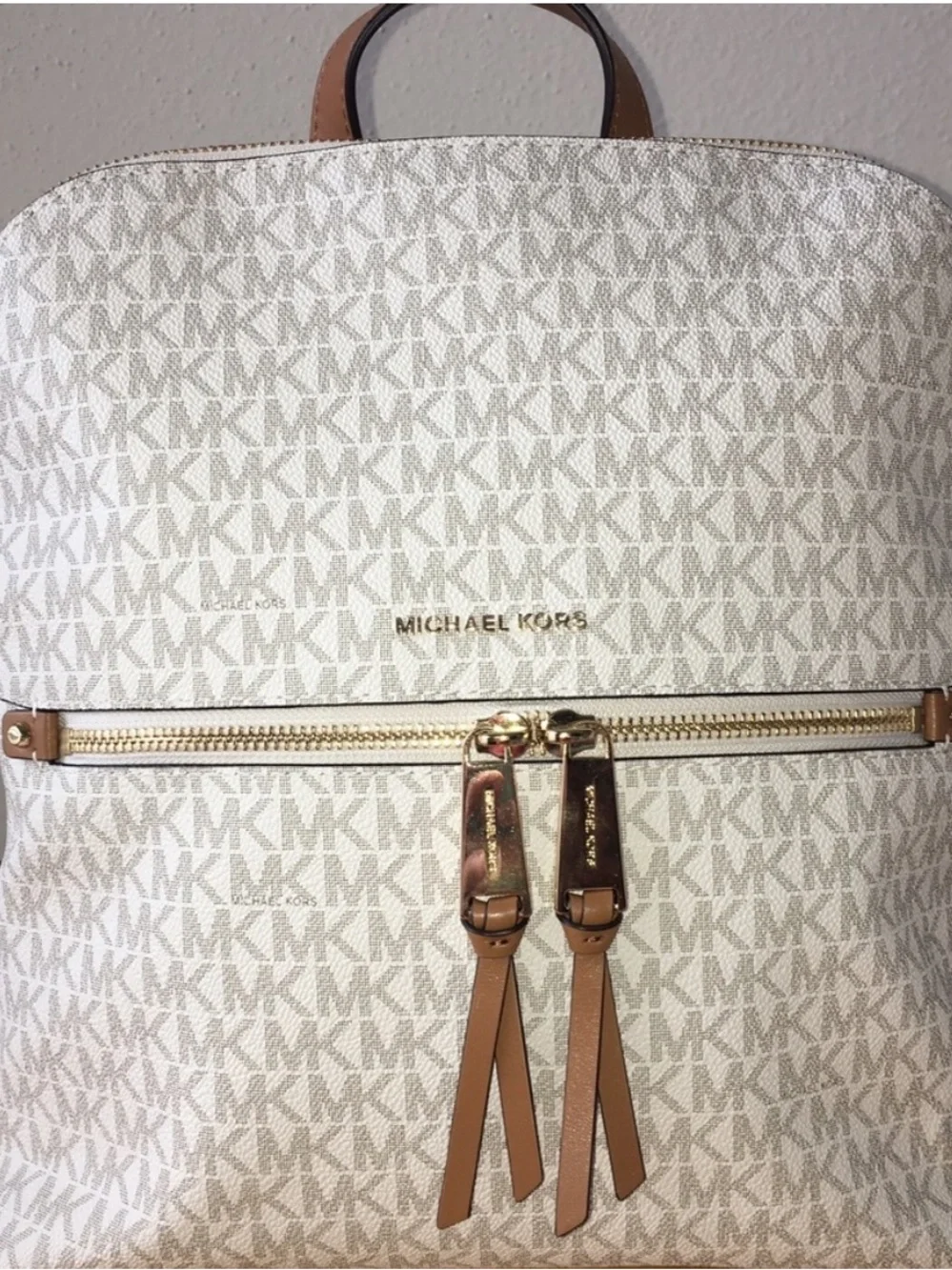 Michael Kors Rhea Zip Medium Backpack Cream and Tan Logo